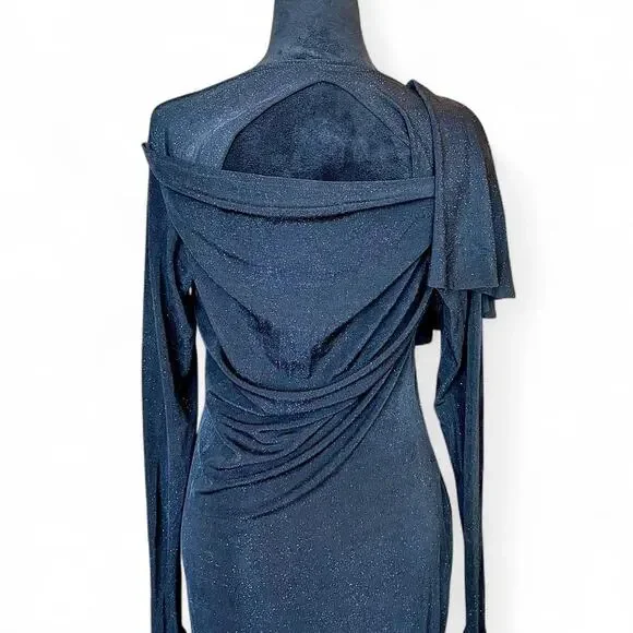 Black Draped Cutout Midi Dress – Minimalist Asymmetrical L - Picture 5 of 8